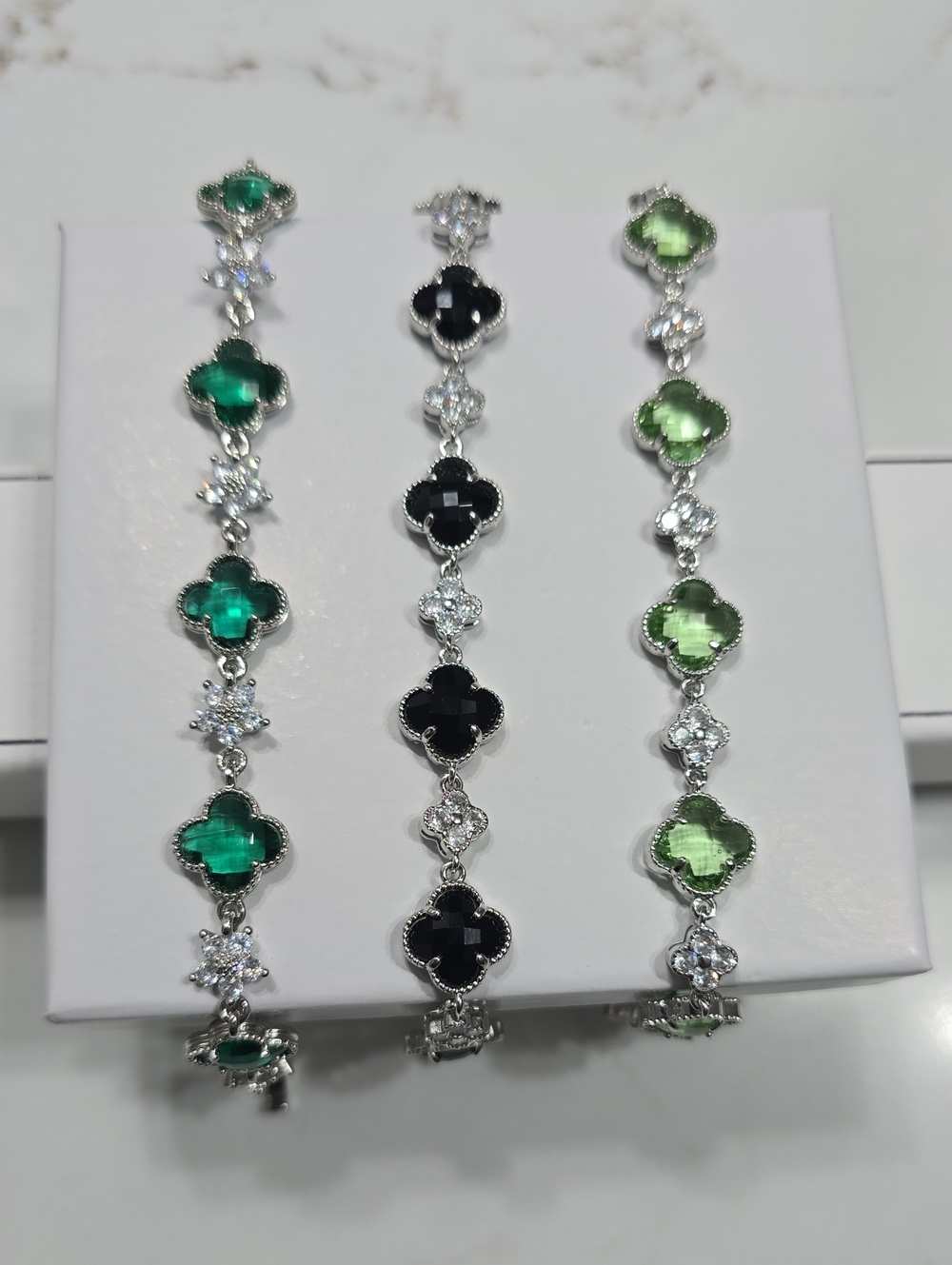 Elegant Clover Link Bracelets Bundle with Green and Black Stones